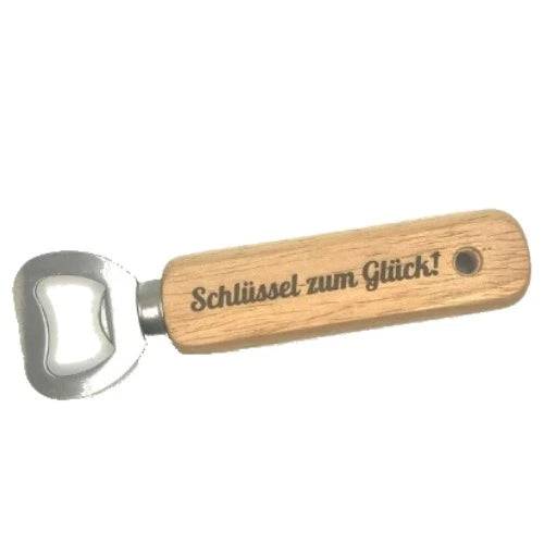 Flaschenöffner aus Holz mit Lasergravur "Schlüssel zum Glück"
